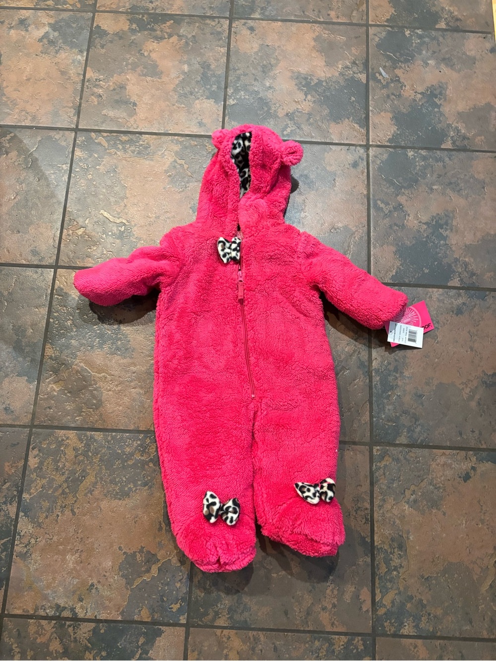 Weatherproof Bright Pink Plush Hooded One-Piece with Leopard Accents